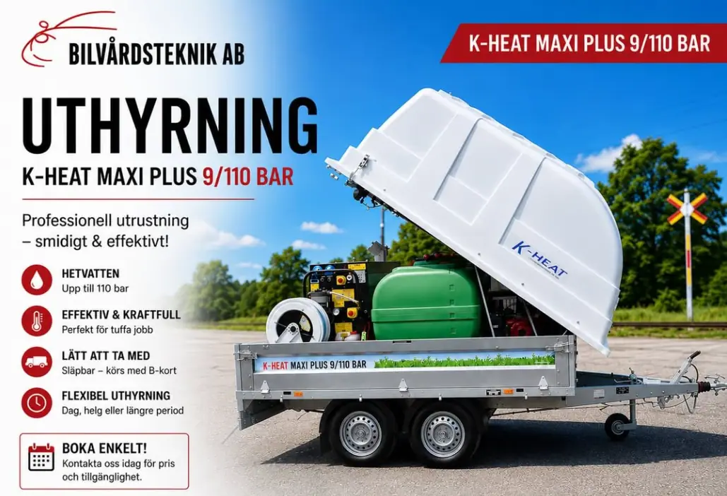 K-HEAT Maxi Plus, en varmvattentvätt på släp med öppet lock, pump, slanghjul och grön vattentank